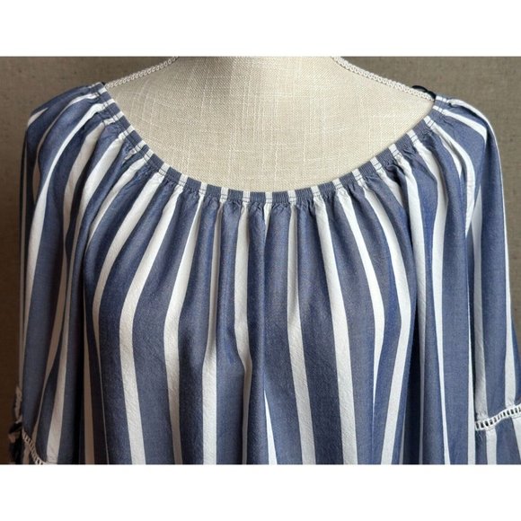 Fever Women Blue White Striped BoHo 3/4 Ruffle Sleeves Shirt Top Blouse Sz Large - Picture 3 of 15
